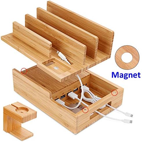 Eco-Friendly 5-Port USB Charging Station Organizer – Fast Charging Bamboo Dock for Multiple Devices, Compatible with Apple Watch, Samsung Phones & Tablets – Sleek, Space-Saving Design for Home and Office Use