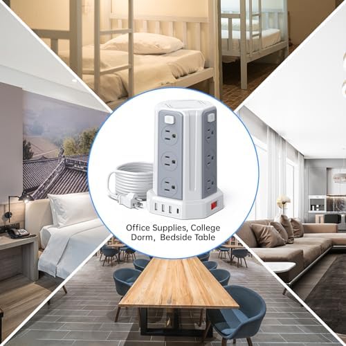 SMALLRT Power Tower Surge Protector – 10 Ft Extension Cord with 12 AC Outlets & 4 USB Ports (1 USB-C) – Ultimate Charging Station for Home & Office – Enhanced Device Compatibility & Safety