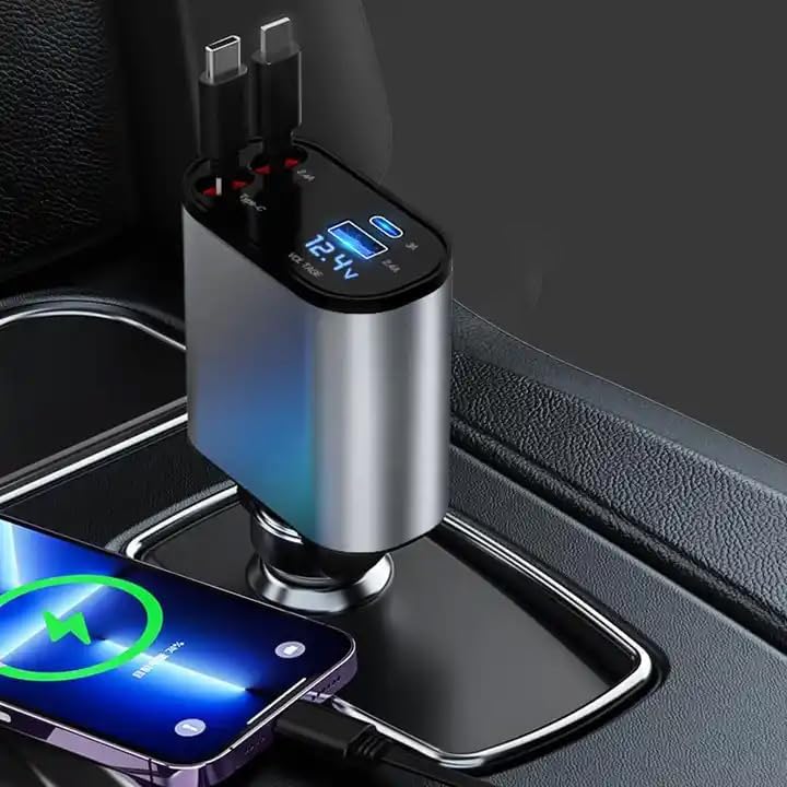 Ultimate Retractable Car Charger – 4-in-1 Fast Charging Solution for Apple & Android Devices – Compact USB-C Charger for On-the-Go Convenience, PT-16 – Essential Car Gadget for Organized Driving