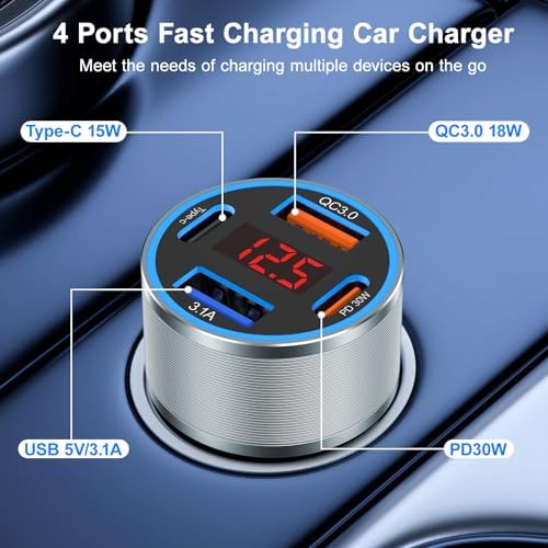 Rapid Charge 2-Pack: 65 W Multi-Port USB C Car Charger with Built-in Volt Meter for i Phone, Samsung & Android – Enhanced Fast Charging & Compatibility for On-the-Go Power Solutions