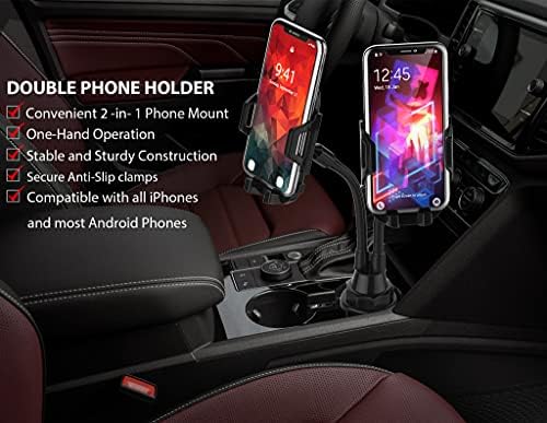 Dual Device Car Cup Holder Mount – Flexible Neck & 360° Rotatable Cradle for Enhanced Navigation – Universal Fit for i Phone, Samsung & GPS – Perfect for Hands-Free Convenience on the Road