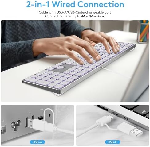 Sleek White Aluminum Backlit Keyboard for Apple Mac – USB-A & USB-C Wired with Numeric Keypad, Effortless Plug-N-Play Setup for i Mac, Mac mini & Mac Book Users – Enhance Productivity & Style with Premium Build and Low-Light Typing Comfort