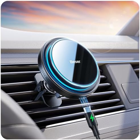 Enhance Your Driving Experience with the Beser 15 W Mag Safe Car Charger – Premium Magnetic Qi Wireless Mount for i Phone 15/14/13/12 Series, Rapid 15 W Charging, Robust 3.81 lbf Magnetic Grip, Elegant Aluminum Alloy Finish, Versatile Dashboard & Air Vent Compatibility, Effortless One-Handed Operation for Easy Navigation & Connectivity
