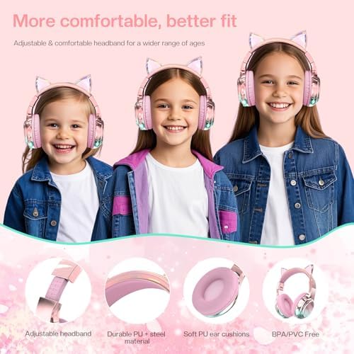 Elevate Your Child’s Listening Experience with Qear Fun Purple Cat Ear Bluetooth Headphones – 60 Hours of Playtime, Safe Volume Control (74/85/94 d B), Ultra-Portable Foldable Design, Advanced Bluetooth 5.3 Connectivity, and Built-in Mic for Girls – Perfect for School, Travel, and On-the-Go Fun
