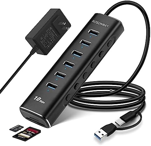 Transform Your Workspace with the Rosonway 8-Port USB 3.2 Hub – Lightning-Fast 10 Gbps Data Transfers, Dual SD/TF Card Readers, 3.3 ft Extension Cable & Robust 12 V/2 A Power Supply – Sleek Aluminum Design for Ultimate Convenience and Efficiency