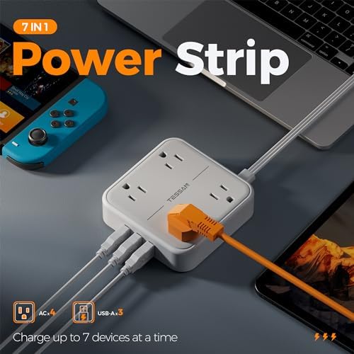 TESSAN Compact Flat Plug Surge Protector Power Strip with 4 AC Outlets and 3 Fast-Charging USB Ports – 5 ft Extension Cord for Office, Dorm, and Travel – 900 J Surge Protection for Enhanced Device Safety and Clutter-Free Organization