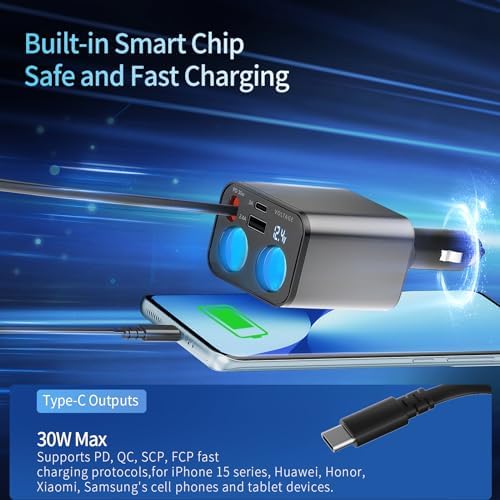 Paiholy Advanced 5-in-1 Retractable Car Charger with Dual USB Ports and Dual Cigarette Lighter Outlets – 159 W Fast Charging Solution for i Phone and All Car Electronics – Clutter-Free Design for Ultimate Travel Convenience
