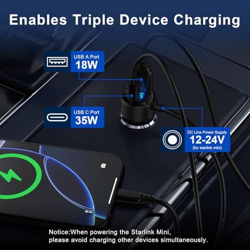 Starlink Mini Power Cable 10 FT – Versatile 3-in-1 Car Charger with Cigarette Lighter Adapter for 12 V-24 V Vehicles, Featuring Digital Display and Dual Fast Charging USB Ports (30 W USB-C PD & 18 W USB-A) for Enhanced Device Compatibility and Performance on the Go