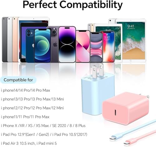 Ultimate 3-Pack Fast Charging Bundle for i Phone 14: 20 W USB-C Wall Chargers in White, Pink, and Green with 10 FT USB-C to Lightning Cable – Unmatched Compatibility and Speed for i Phone 14/13/12 Series, XS Max, XR, and More!
