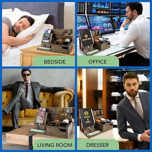 Nightstand Organizer – Bedside Docking Station for Men -Unique Gifts for Husband, Father or Dad from Wife, Son or Daughter -Desk Organizer for Phone, Watches & Accessories (Rustic) – Enhanced Compatibility and Speed