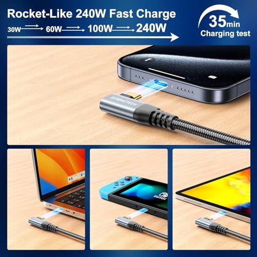 USB C Monitor Cable 8K@60Hz/4K@144Hz, Right Angle Display Video Output, 40Gbps High Speed Data Transfer, USB C 3.2 Gen 2×2, 240W Fast Charge for iPhone 16, MacBook Pro, iPad, Lenovo – 5FT – Enhanced Compatibility and Speed