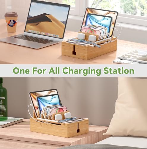 Pezin & Hulin Eco-Friendly Bamboo Charging Station – 10-Port USB Dock Organizer with 6 Cables, Enhanced Power Supply & Cable Management for Multi-Device Charging, Sleek Natural and Black Design for Homes and Offices