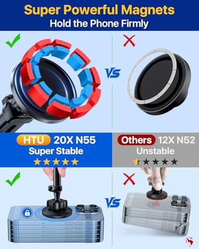 HTU for MagSafe Car Phone Mount Magnetic Phone Holder for Windshield Vent Dashboard Magnetic Suction Phone Mount for iPhone 16/15/14/13/12 & Android (Black) – Enhanced Compatibility and Speed