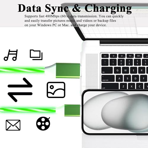 USB C to USB C Cable 3A Light Up C to C Cable LED C to Type C Fast Charging Cord for Samsung Galaxy S23 S22 S21 S20 Ultra, i-Phone 15 16, iPad mini Pro Air(6.6FT,Green) – Enhanced Compatibility and Speed