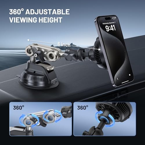15 W Magnetic Wireless Car Charger Mount – Mag Safe-Compatible Phone Holder with 360° Adjustable Suction Cup & Sturdy Aluminum Alloy Arm for i Phone 16 Pro Max, 15, 14, 13, 12 – Quick Charge & Secure Magnetic Grip for Effortless Hands-Free Driving Experience