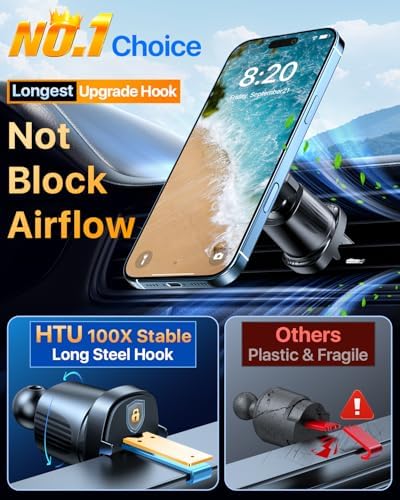 HTU for MagSafe Car Phone Mount Magnetic Phone Holder for Windshield Vent Dashboard Magnetic Suction Phone Mount for iPhone 16/15/14/13/12 & Android (Black) – Enhanced Compatibility and Speed