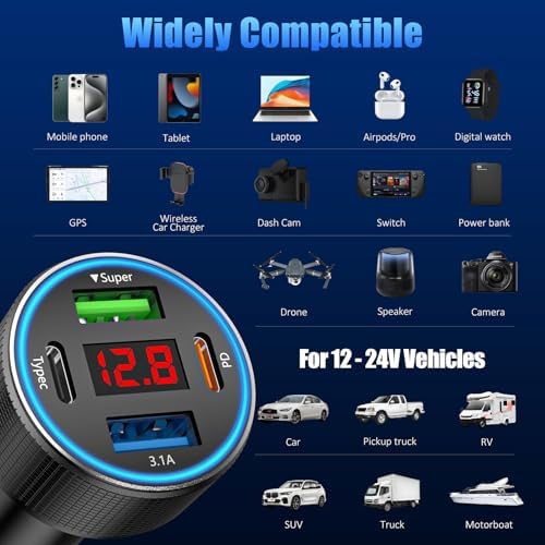 High-Power 78 W Dual USB-C Car Charger Adapter – 4-Port Fast Charging Hub for i Phone 16/15/14/13/12, i Pad, Samsung Galaxy & Android Devices (Black, 2-Pack) – Ultimate On-the-Go Charging Solution for Families and Road Trips