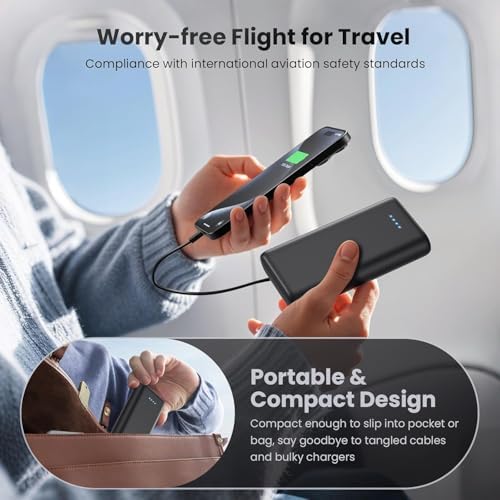 Ultra-High Capacity 40800 m Ah Portable Charger with Built-In Cables – 25 W PD USB C Fast Charging Power Bank – 5 Outputs & Dual Input for i Phone 16/15/14/13 & Samsung S23 – Stylish Pink Design for On-the-Go Charging Solutions