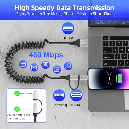 Versatile Coiled USB to USB-C & Lightning Cable Combo for i Phone and Android – MFi Certified Fast Charge & Data Sync up to 3 A – Tangle-Free Design for Apple Car Play & Android Auto Compatibility – Durable, High-Quality Charging Solution for Seamless Connectivity on the Go