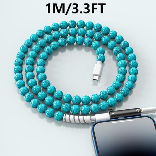 Elevate Your Charging Game with Hian Dier MFi Certified USB C to i Phone Charger – 3.3 FT Fast Charging Cable in Elegant Blue Morandi Pearl Beaded Design for i Phone 14, 13, 12, 11 Pro Max, X, XS, XR – Durable and Tangle-Free Accessory for Style and Performance