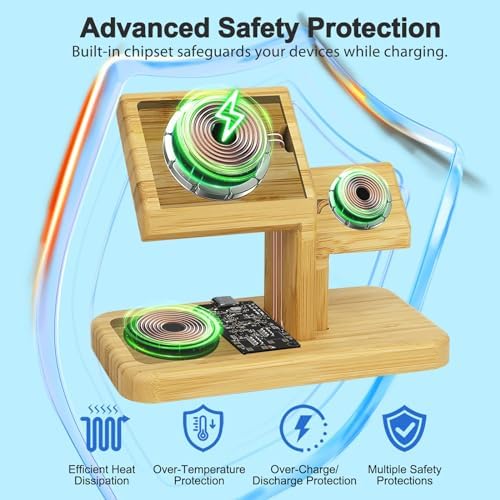 Versatile 3-in-1 Bamboo Wireless Charging Station for Apple Devices – Fast 20 W Magnetic Charger for i Phone 15/14/13/12 Pro/Max/Plus, Apple Watch 8/7/6/SE/5/4/3/2, and Air Pods 3/2/Pro – Eco-Friendly Design Enhances Your Tech Aesthetic and Maximizes Efficiency