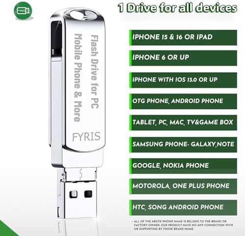 FYRIS 3-in-1 i Phone Flash Drive – 256 GB MFi Certified External Storage for Photos and Videos | USB, Type-C, Lightning Compatibility | Sleek Skull Design for i Pads, Galaxy Phones, Macs, and PCs | High-Speed Data Transfer for Effortless File Management