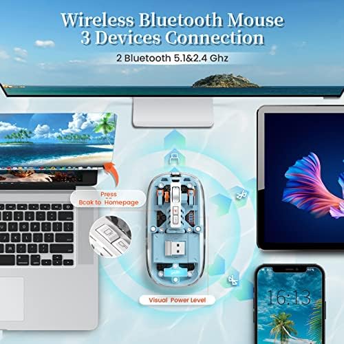 Sleek A.JAZZ Wireless Bluetooth 5.1 & 2.4 G Mini Mouse – Lightweight, Rechargeable, and Silent for Ultimate Focus in Office, PC, Mac, and i Pad Use – Stylish Transparent Design with Nano USB-C Receiver for Enhanced Compatibility and Performance