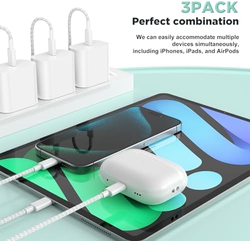 20 W USB-C Fast Charging Wall Charger for i Phone 15/16 & i Pad – Includes 3 Versatile USB-C to C Cables (3 ft, 6 ft, 10 ft) – Ultimate Compatibility with i Phone 15 Pro Max, i Pad Pro, and Samsung Devices – Compact Travel-Friendly Design with Enhanced Safety Features Against Overheating & Overcharging