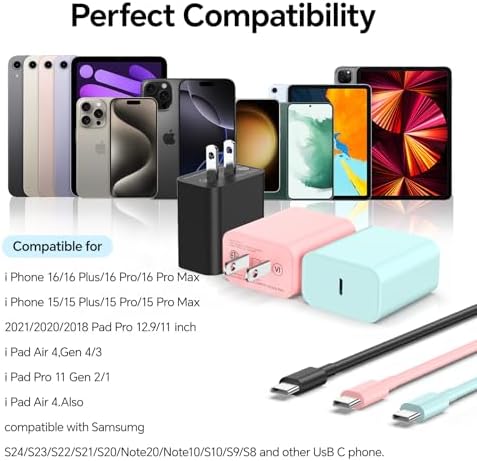 Revitalize Your Charging Routine with the 3-Pack 20 W USB-C Charger Set – Fast Charge Compatible with i Phone 16/15, Featuring 10 FT USB-C to C Cable in Stylish Pink, Green, and Black for Ultimate Convenience and Performance – Perfect for i Pad Pro and i Phone Pro Series