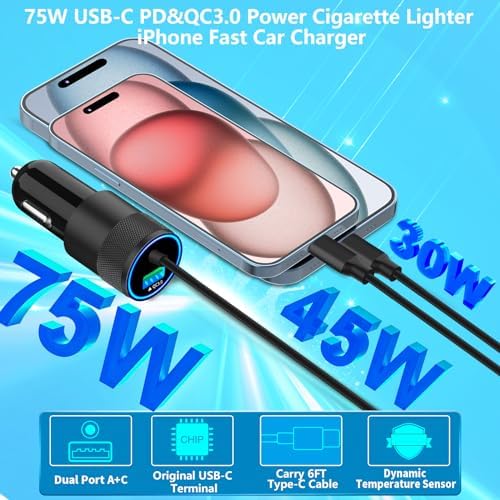 Rombica 105 W MFi Certified Dual USB-C & USB-A Fast Car Charger for i Phone 16 Pro Max – Ultimate Portable Power Solution with 6 FT Coiled Type-C Cable for Rapid Charging on the Go, Perfect for Road Trips and Daily Commuting