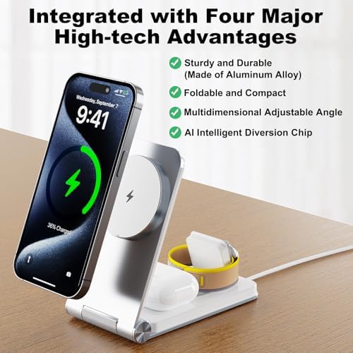 Sleek Foldable Aluminum Alloy 3-in-1 Magnetic Wireless Charger – Ultimate Travel and Home Charging Station for Apple Devices (i Phone 12-16, Smart Watch, Air Pods) with Fast Charging Adapter – Stylish and Portable Power Solution