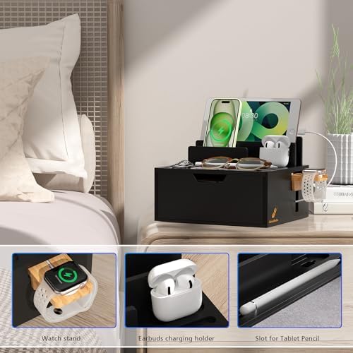 Pezin & Hulin Eco-Friendly Bamboo Multi-Device Charging Station: Elegant Nightstand Dock with Integrated Power Charger, USB Hub & Storage Drawer – Fast Charging for Phones & Tablets, Stylish Organizer for Modern Spaces