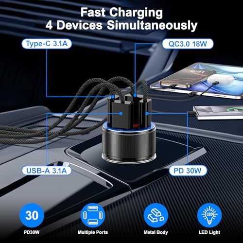 Ultimate 65 W 4-Port USB C Car Charger – Besgoods Fast Charging Adapter with Voltmeter for i Phone 16, Galaxy S24 & More – Dual Pack for Seamless Multi-Device Power, Perfect for Road Trips and Daily Commutes – Enhanced Compatibility & Rapid PD QC Charging Solutions