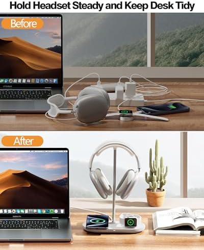 Transform Your Gaming Experience with the Hi We 3-in-1 Premium Headphone Stand & Wireless Charging Dock – Universal Desktop Organizer for Headphones, Air Pods, and Smartwatches – Durable Aluminum Alloy with Elegant Leather Pad and Stable ABS Base – Quick Charge Functionality for All Your Essential Devices
