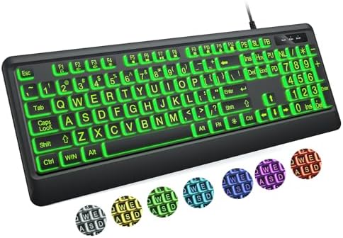 Illuminate Your Typing with the Large Print Keyboard – Ergonomic USB Wired Design, 7 Customizable Backlight Colors, Ideal for Enhanced Visibility & Comfort, Perfect for Seniors and Professionals, Plug-and-Play Convenience, Full-Size Layout with Foldable Stands for Optimal Typing Angle, Compatible with Windows, PC & Laptop – Boost Productivity and Reduce Eye Strain