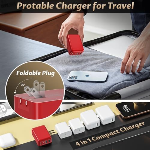 Ultra-Fast Charging 2-Pack: Foldable 40 W USB-C Wall Adapter with 4 Ports – Sleek Christmas Red Multi-Port Charger for i Phone 16, Samsung, Pixel & Tablets – Compact Power Solution for Home and Travel