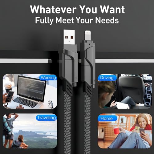 Transform Your Charging Experience with Daffograte’s 4 in 1 Multi Charger USB C Cable – Fast-Paced Power Delivery for i Phone, i Pad, Mac Book, Samsung & More, Durable Nylon Braided Design, Perfect for Travel & Everyday Use, Effortlessly Connect Multiple Devices with Universal Compatibility