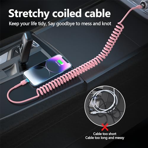 Elevate Your Charging Journey with Opluz Pink Coiled Lightning Cables – 2 Pack, MFi Certified i Phone Car Charger Cords for Fast & Efficient Charging Compatible with i Phone 14/13/12/11 Pro Max/XR/XS/X/8/7 and i Pads – Stylish, Tangle-Free Design Perfect for Car Play Integration and On-the-Go Power!