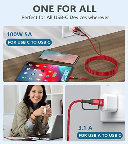 6.6 ft USB Type C Charger Cable – 100 W Power Delivery Fast Charging for i Phone 16/15 Pro Max, Mac Book, i Pad Pro/Air & Samsung Galaxy S24/S23/S22 – Durable Nylon Braided 2-in-1 USB C to C Design for Optimal Compatibility and Speed