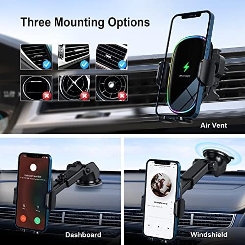 SOARUN Wireless Car Charger Mount with Dynamic 7-Color LED Backlight – 15 W Fast Charging Auto-Clamping Phone Holder for i Phone 14 Pro, 13, 12 & Samsung S23 Ultra, S22 – Enhanced Compatibility & 360-Degree Rotation for Safe Driving and Optimal Viewing