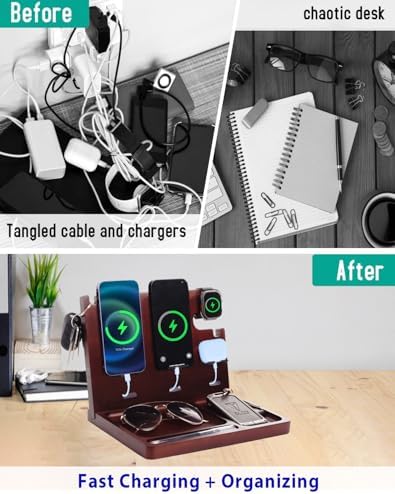 Multi-Device USB Charging Station with 4 Ports – Fast PD & QC3.0 Power Delivery, Stylish Wooden Organizer for Desk & Nightstand – Ideal Birthday Gift for Men, Dads, Husbands, and Moms – Elegant Solution for Cable Management and Rapid Charging