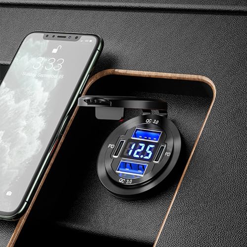 Upgrade Your Charging Experience: 12 V USB Charger with 4 High-Speed Ports, Durable Aluminum Alloy Design, LED Voltmeter for Real-Time Voltage Monitoring – Versatile Solution for Cars, Boats, RVs, Trucks, and More