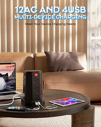 SMALLRT Power Tower Surge Protector – 10 Ft Extension Cord with 12 AC Outlets & 4 USB Ports (1 USB-C) – Ultimate Charging Station for Home & Office – Enhanced Device Compatibility & Safety