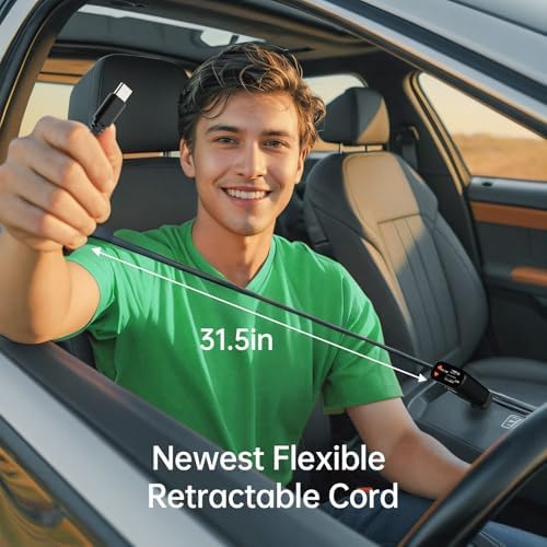 Ultra-Slim Flexino Retractable Car Charger – 57 W Fast Charge for i Phone 16/15, Galaxy, Pixel – Dual USB-C Ports for Concurrent Charging – Compact & Tangle-Free Design – Essential Travel Accessory for Seamless Connectivity