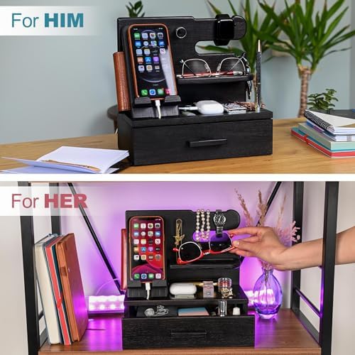 TESLYAR Wood Phone Docking Station with Drawer – Nightstand Organizer – Desk Organizer for Husband – Birthday Gifts for Men, Dad, Anniversary Idea, Key Holder Stand Watch & Accessories (Bourbon Brown) – Enhanced Compatibility and Speed