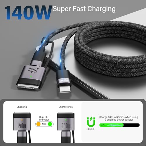 Adoreen 140W USB-C to Magnetic 3 Safe Fast-Charging Cable 6 Ft with 240W to USB-C Adapter, PD 3.1, LED Indicator, Braided Apple Magsafe Charger Accessories for Ipads, MacBook Pro & MacBook Air, Black – Enhanced Compatibility and Speed