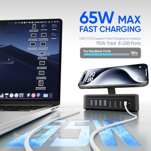 11-in-1 USB C Power Strip Charging Hub by ACOZVIN – 115 W Multi-Device Fast Charger with 2 AC Outlets, 4 USB-A & 4 USB-C Ports, 5 FT Flat Plug Cord for Mac Book, i Phone 16/15/14 – Ideal Desktop Solution for Home & Office Power Needs