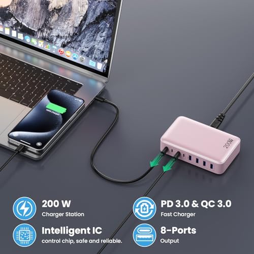 Powerful 200 W Ga N III USB C Multi-Device Charging Hub – 8-Port Rapid Charger for Mac Book Pro/Air, DELL, i Phone 16/15/14, Galaxy S23/22 – PD 65 W Laptop Adapter for Effortless Portability and Enhanced Connectivity Solutions