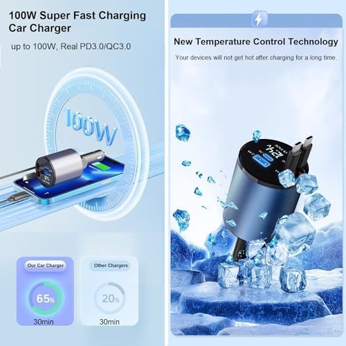 Ultimate 4-in-1 Retractable Car Charger – Fast 66 W USB C & Lightning Adapter for i Phone 15/14/13/12 Pro Max, Galaxy S24/S23, Pixel & Tablets – Compact, Durable Multi-Device Charging Solution for Road Trips and Daily Commutes