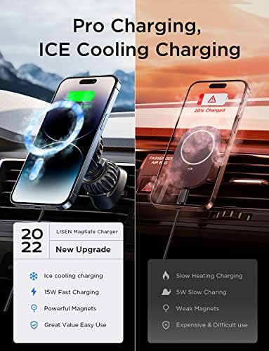 LISEN Mag Safe Wireless Car Charger Mount – 15 W Fast Charging with Integrated Cooling Fan for i Phone 12-16 Series, Secure Magnetic Grip, Hands-Free Convenience, Sleek Design for Modern Vehicles – Essential Automotive Accessory for Effortless Navigation and Power Management